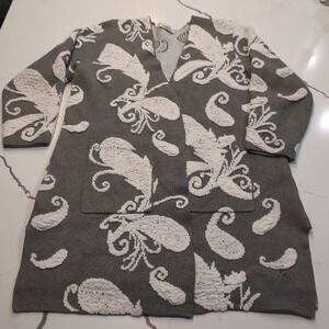 Womens Grey White Paisley Jacquard Open Front Cardigan Sweater Longline Pockets